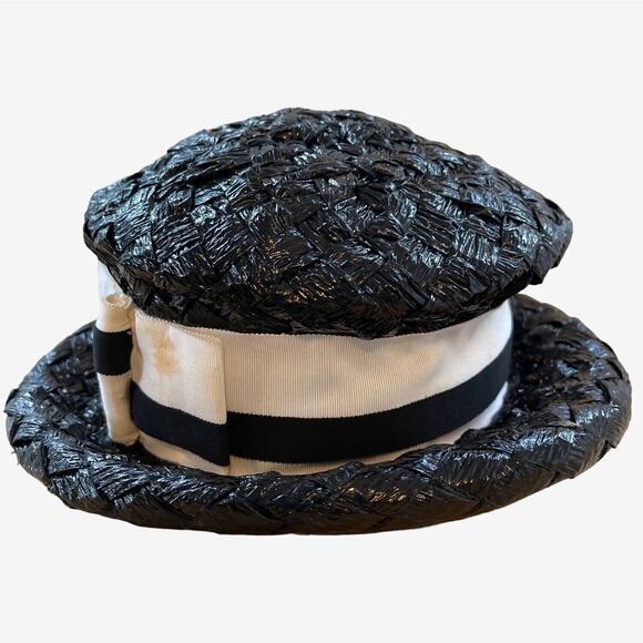 Roller Raffia Hat Black With White Stripe Ribbon Band 1960s MidMod - Picture 2 of 9